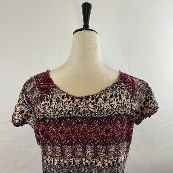 Soft Surroundings Smocked Dress 1X Maroon Cream Blue Mandala Print Short Sleeve - Picture 11 of 16